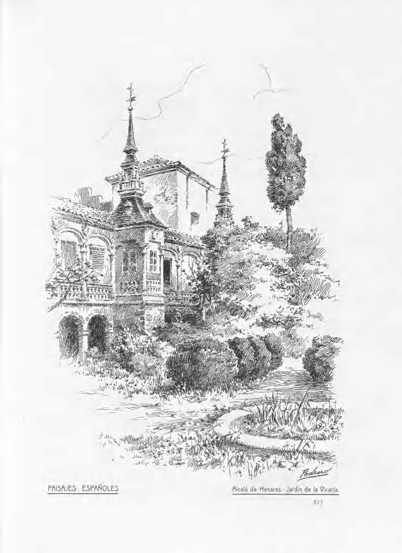 Un dibujo de 1913 del Jardín de la Vicaría, Alcalá de Henares