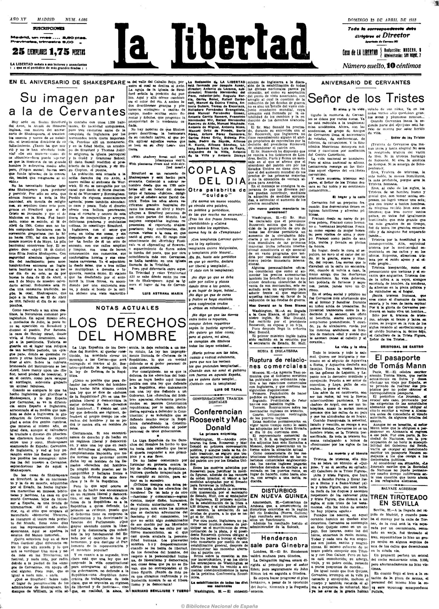 Artículo de Luis Astrana Marín un 23 de abril de 1933